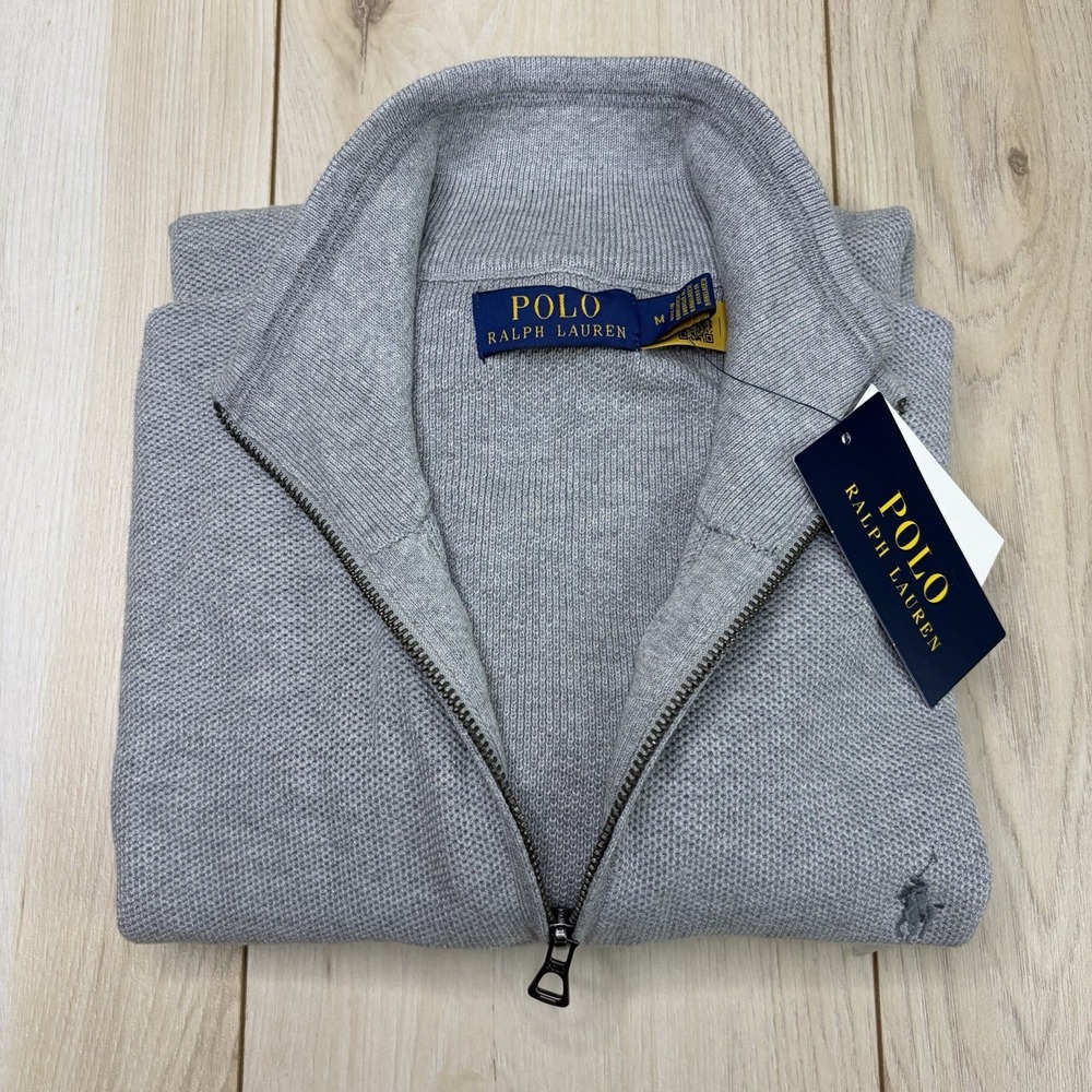 NEW Polo Ralph Lauren 1/4 Zip Pique Knit Sweater Mens Medium Gray Cotton